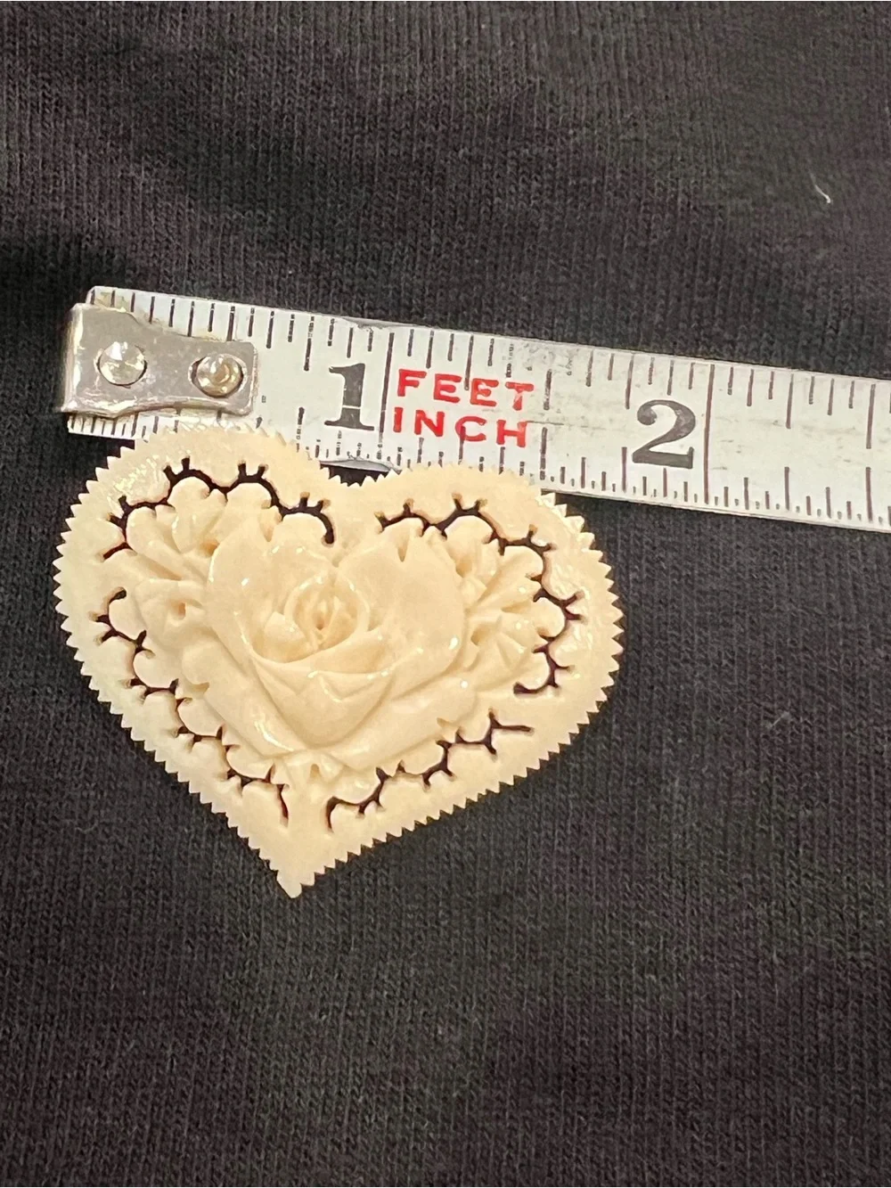 Vintage Celluloid Carved Floral Rose Heart Brooch